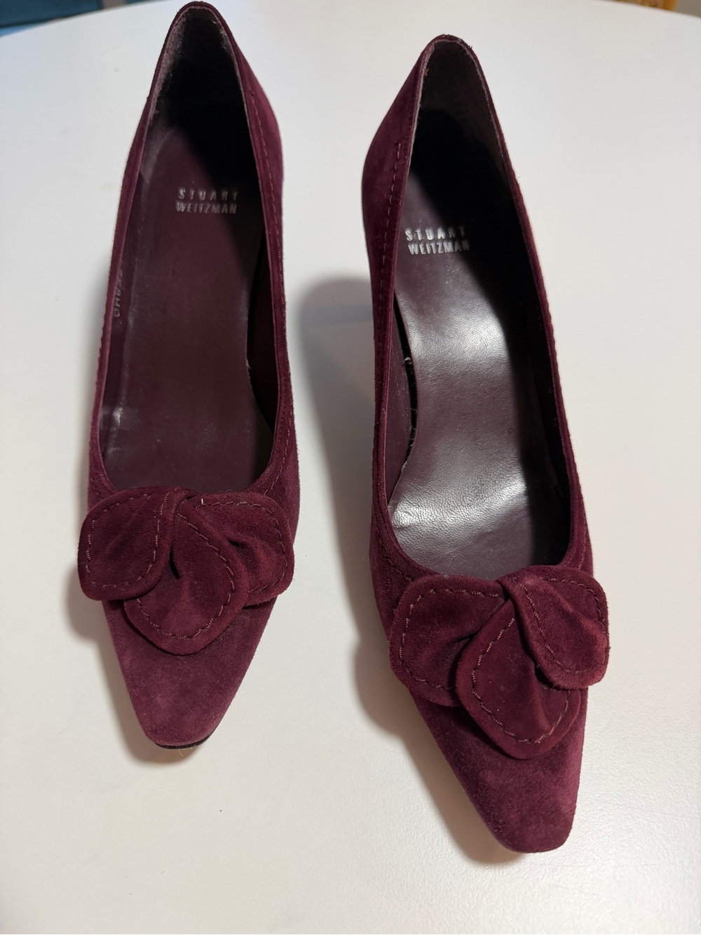 Stuart Weitzman Burgundy Suede Pointed-Toe Pumps with Bow